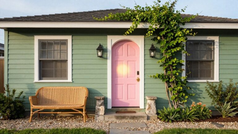 Sage green clapboard house exterior featuring an arched pink front door with brass knocker, flanked by lanterns and climbing vines, a wicker bench nearby, boxwood shrubs, and a stone path on gravel.