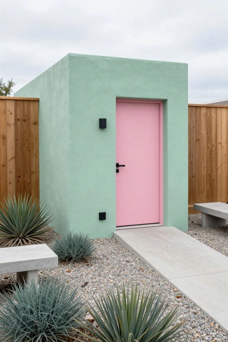 Small cube-shaped mint green stucco building with pink front door and black hardware, concrete benches, agave plants, gravel ground, and wooden fence in outdoor setting.