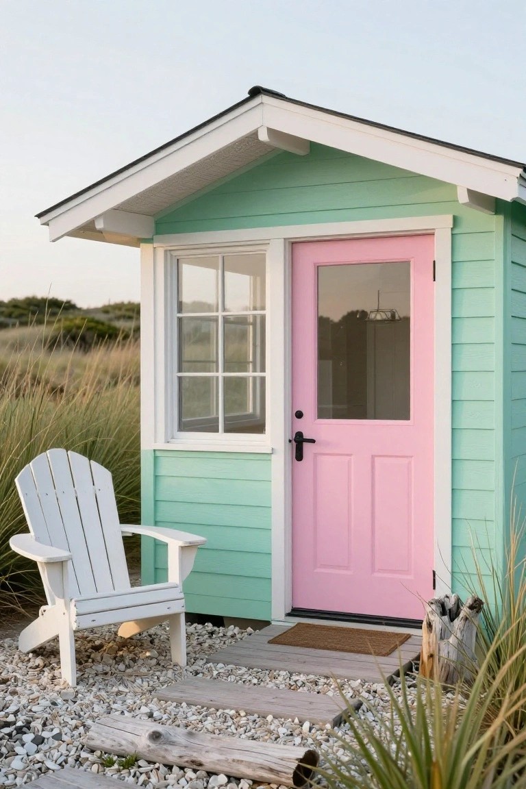 Small mint-green clapboard shed with pink front door featuring glass upper panel, white Adirondack chair to the side, sea grass, driftwood, and shell gravel path in front.