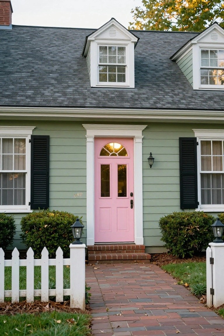 Front view of a two-story mint green clapboard house with gabled dormers, pink double front door, black shutters on white-framed windows, brick walkway, white picket fence, and boxwood shrubs.