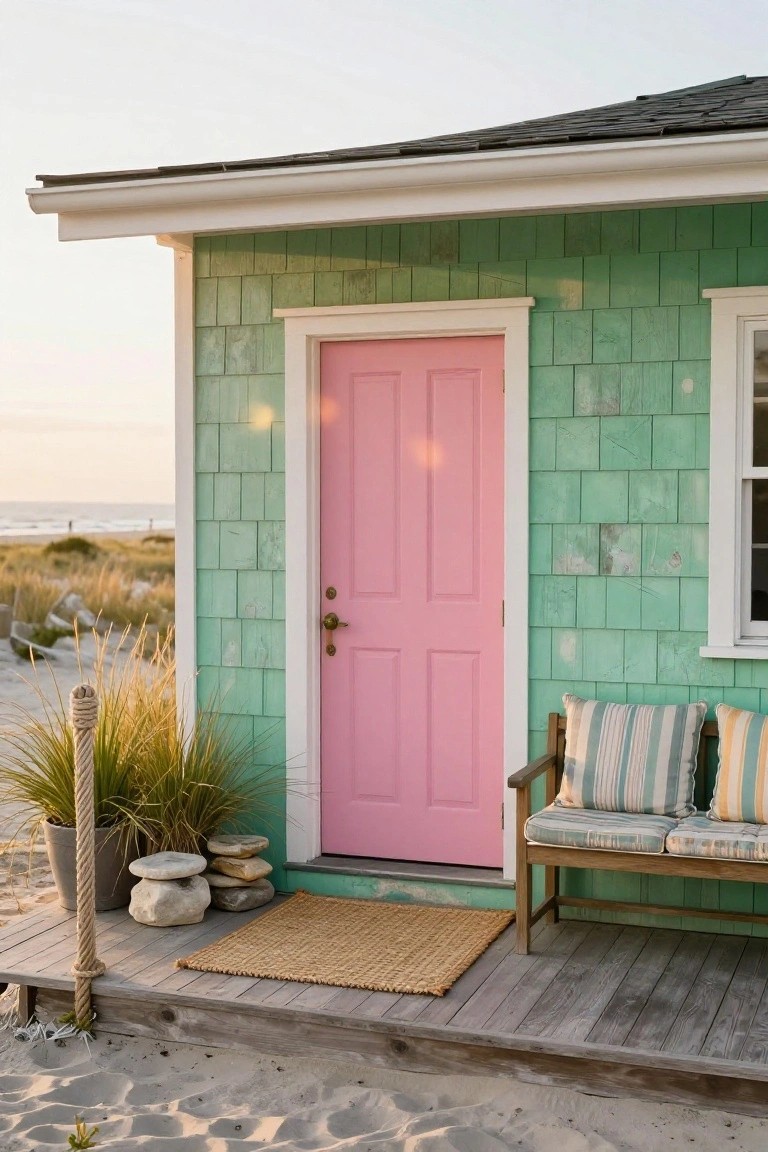 Mint green shingled beach cottage with bright pink front door, wooden porch bench with striped cushions, potted grasses, rope post, and sandy beach dunes in the background at sunset.