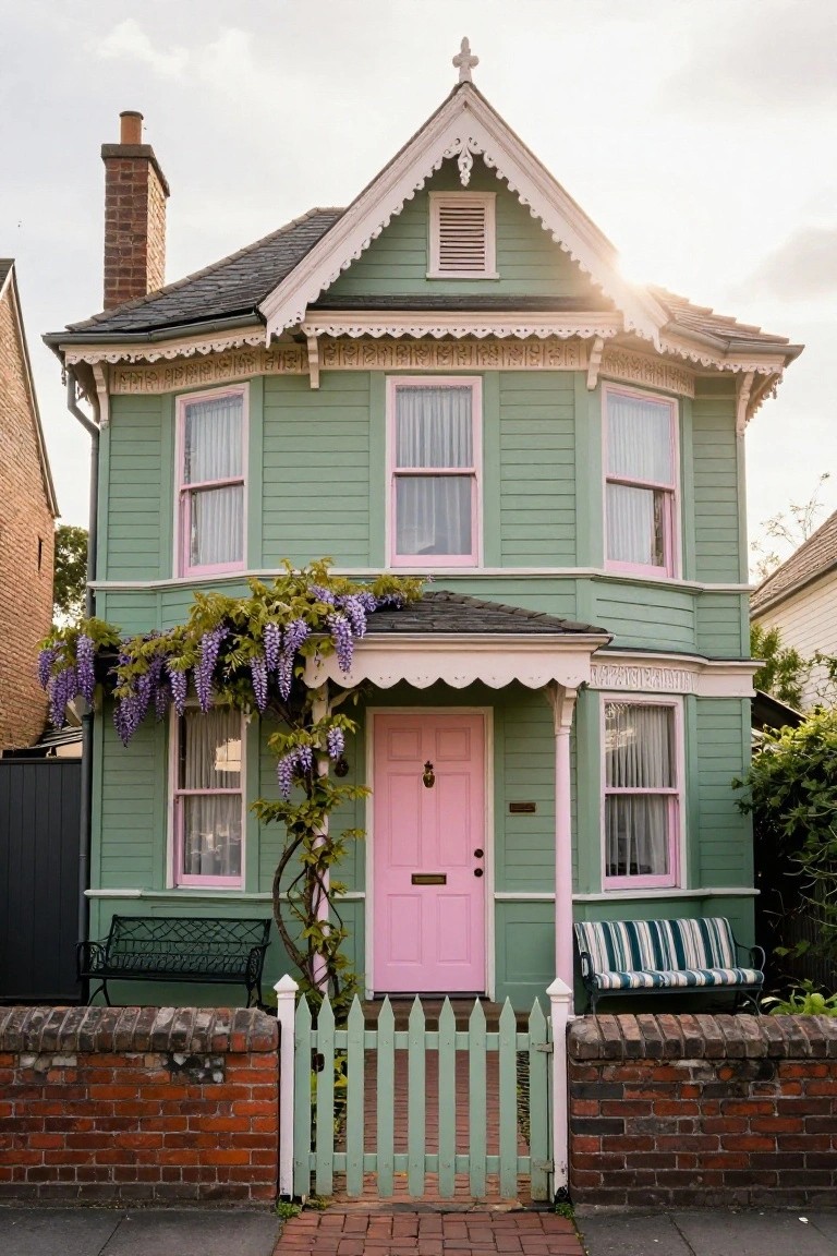 Mint green Victorian-style house with pink front door, white trim and porch details, purple wisteria vines climbing the side, black metal benches, and white picket fence along a brick wall.