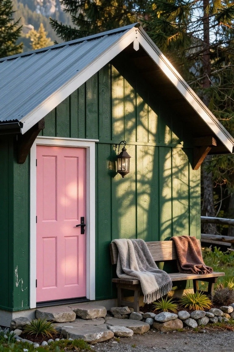 Green wooden cabin with pink double front door, hanging lantern light, wooden bench draped with gray and brown blankets, stone steps, low plants, rocks, and trees against mountain backdrop.