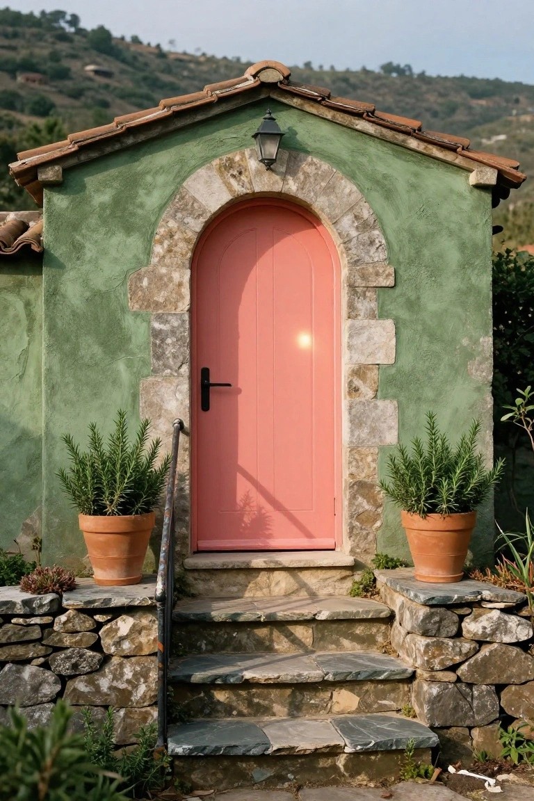 Small green-painted stone cottage exterior with arched pink wooden front door, black handle, flanked by two terracotta pots of rosemary plants, stone steps leading up, and hillside landscape in background.