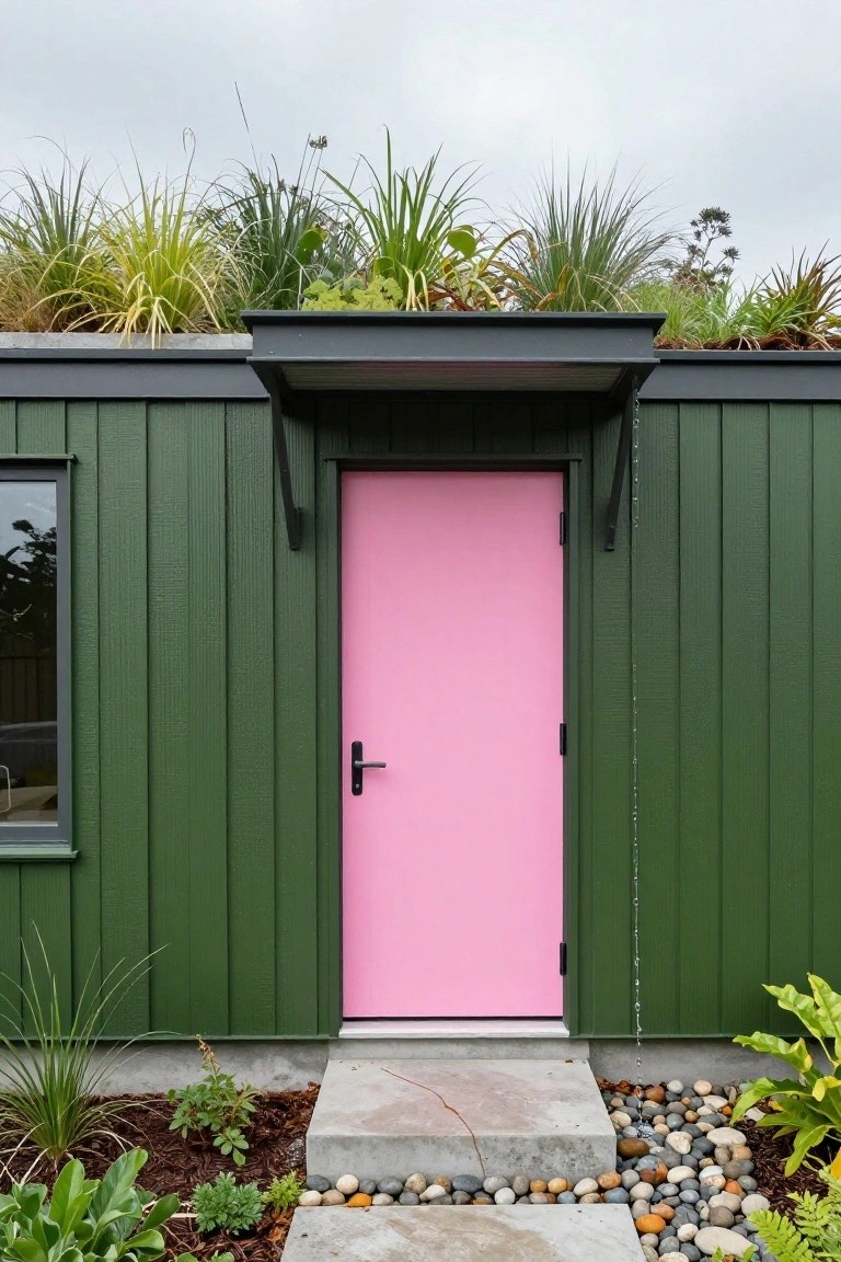 Dark green vertical board-and-batten shed with bright pink front door under black metal awning, planted green sedum roof, concrete steps, and gravel garden bed with plants.