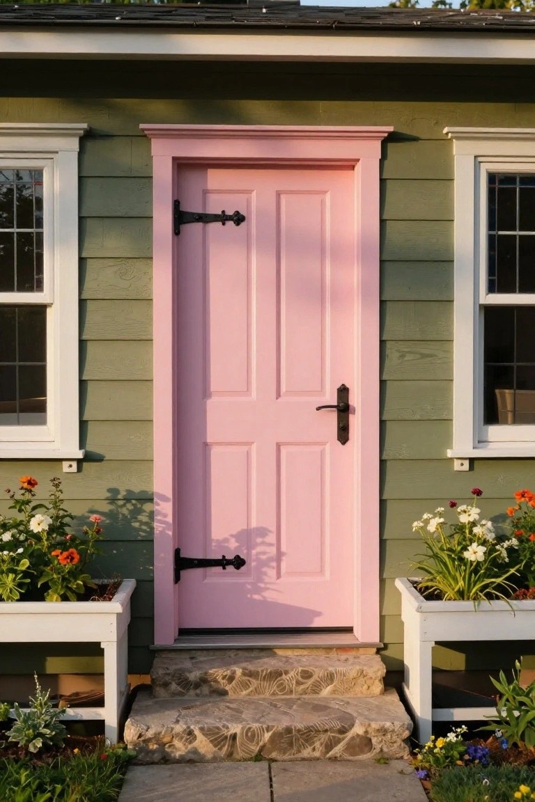 Sage green clapboard shed with pink paneled front door, black iron hinges and knob, flanked by white-trimmed windows, white planters with flowers on stoop sides, stone steps, and garden bed in front.