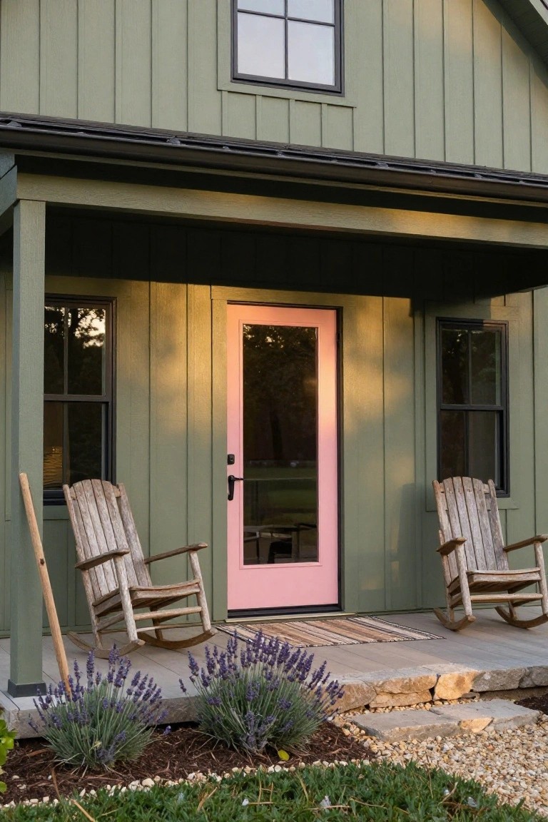 Sage green clapboard house exterior featuring a pink glass-paneled front door, two weathered Adirondack rocking chairs on the porch, a woven mat, and lavender plants with stone edging at the base.