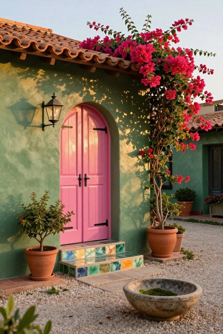 Sage green stucco house exterior featuring tall arched pink double doors, climbing pink bougainvillea vines along the wall, a wall lantern, colorful tiled entry steps, potted plants, and gravel yard.