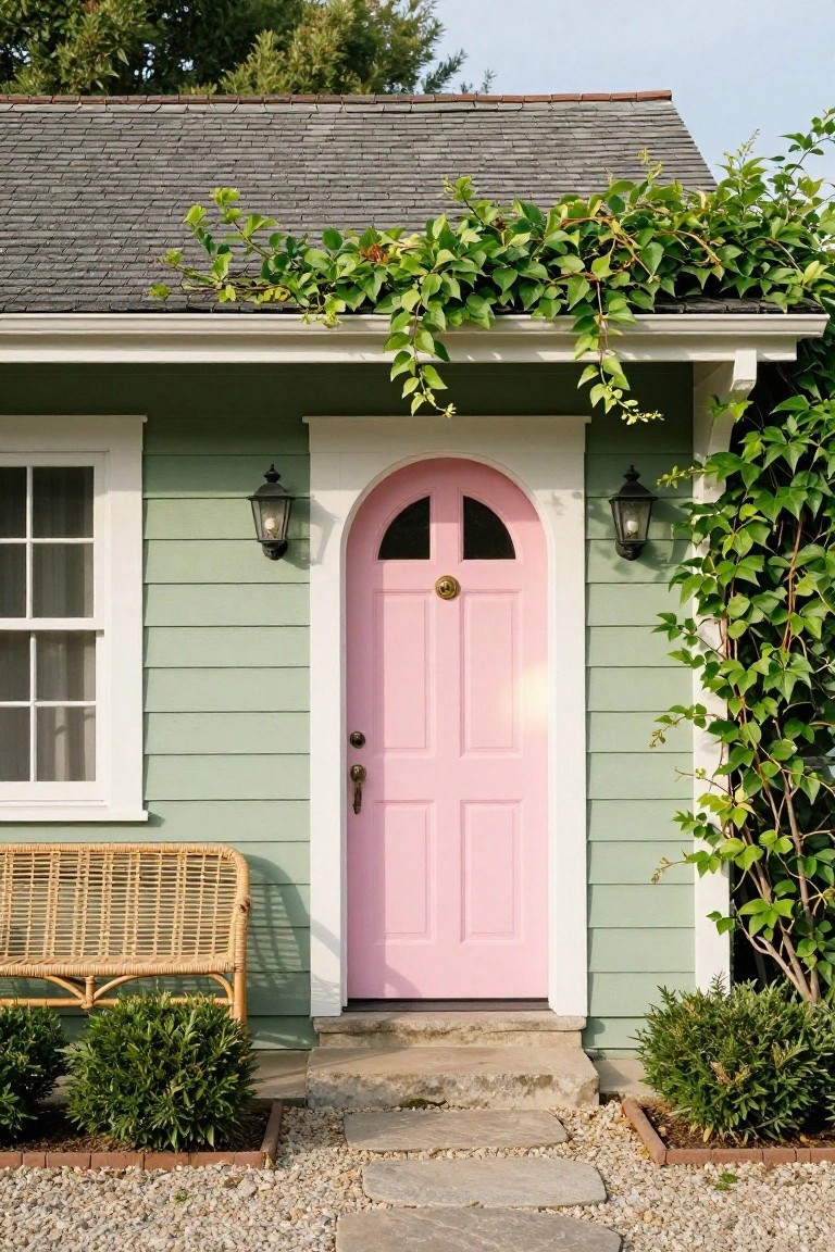 Sage green clapboard house exterior featuring an arched pink front door with brass knocker, flanked by lanterns and climbing vines, a wicker bench nearby, boxwood shrubs, and a stone path on gravel.