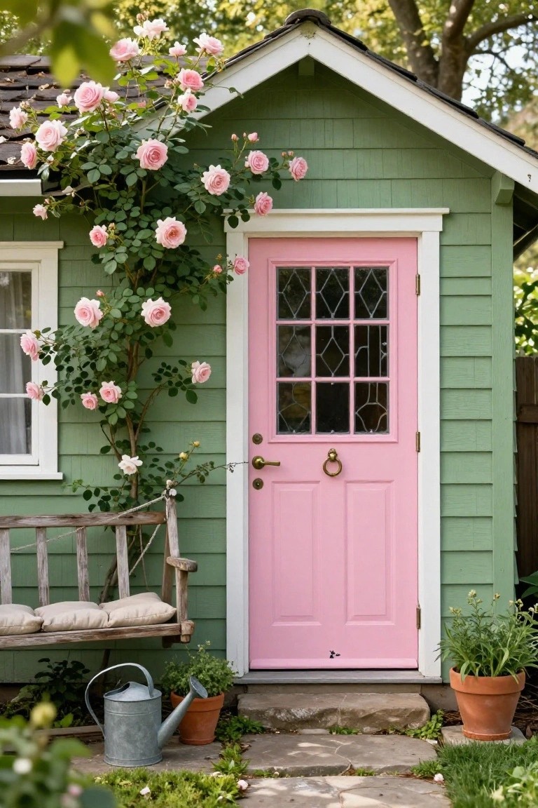 Small sage green wooden shed with pink paneled door featuring glass window and brass knocker, pink climbing roses on the wall, wooden bench with cushions to the side, watering can and potted plants in front on stone steps.