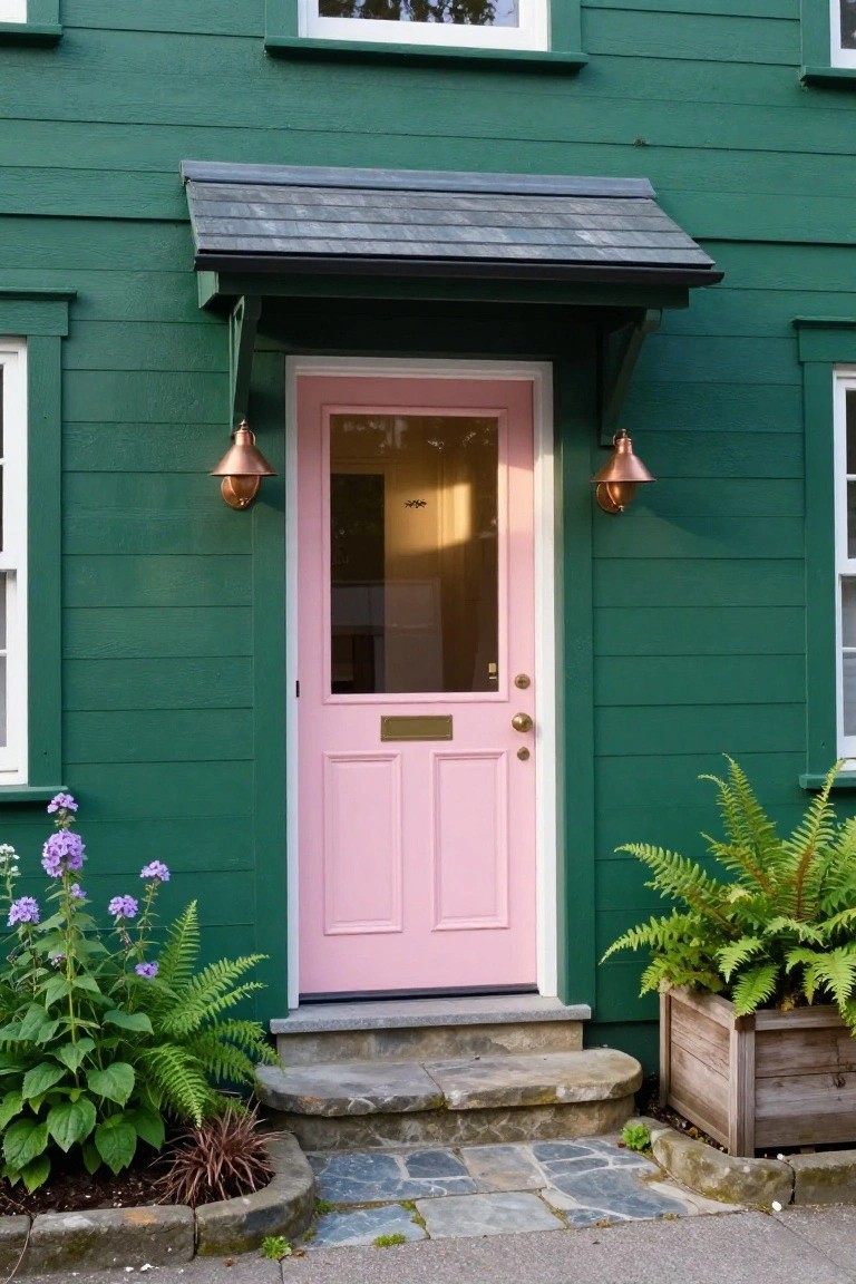 Dark green clapboard house exterior with pink front door, glass panel, brass knocker, copper wall lanterns, and plants including ferns and ageratum flanking the entry steps.