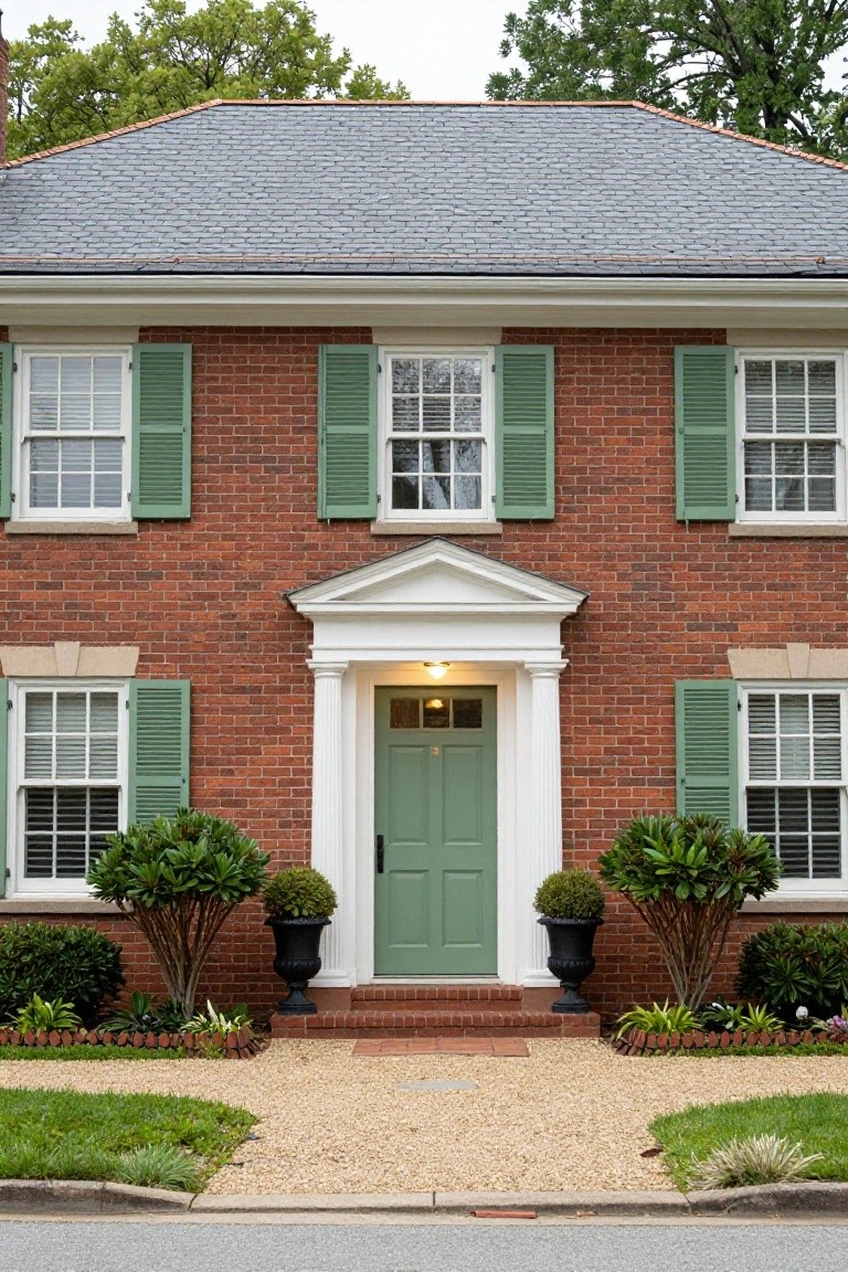 Two-story red brick house with green shutters on the windows, white columns and trim framing a green front door, flanked by potted plants, gravel walkway, and low shrubs in front.