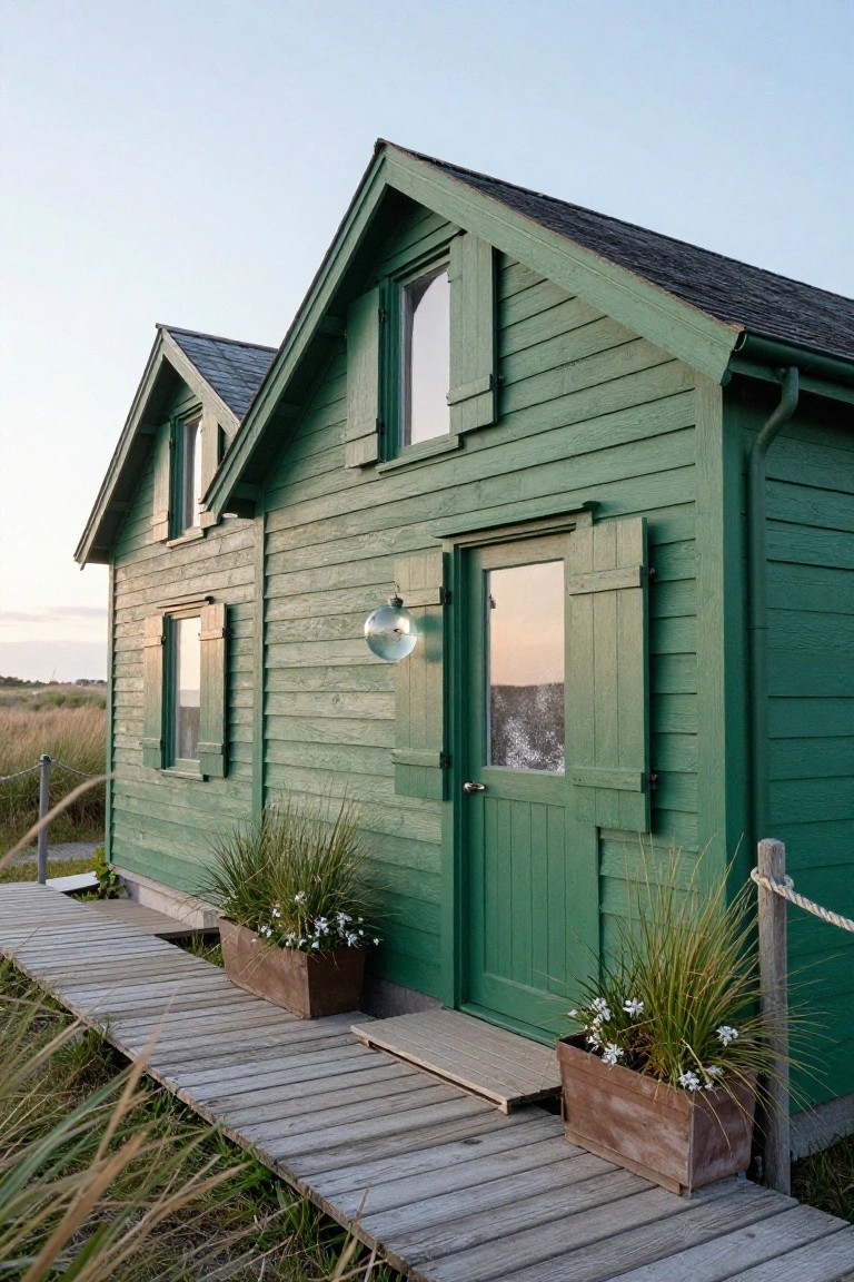 Small green clapboard house with green shutters on windows and door, positioned on a wooden walkway with potted plants and surrounded by tall grasses.