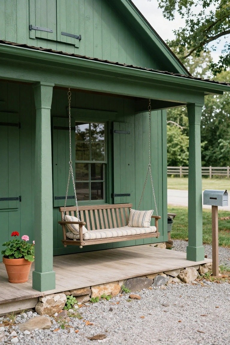 Green wooden outbuilding with shutters, covered porch, hanging wooden bench swing with cushions, potted geraniums, stone foundation, gravel ground, and mailbox on post.