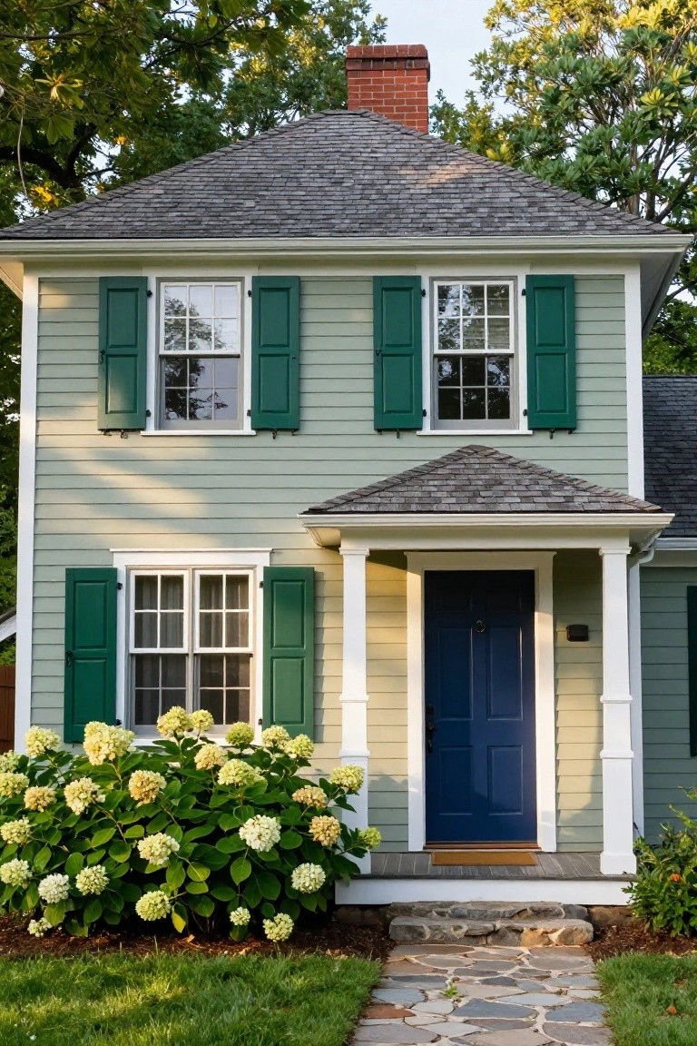 Light green two-story house with dark green shutters on windows, white trim, brick chimney, covered front porch with navy blue door, white hydrangea bushes nearby, stone path leading to grass lawn.