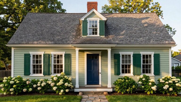 Light green two-story house with dark green shutters on windows, white trim, brick chimney, covered front porch with navy blue door, white hydrangea bushes nearby, stone path leading to grass lawn.