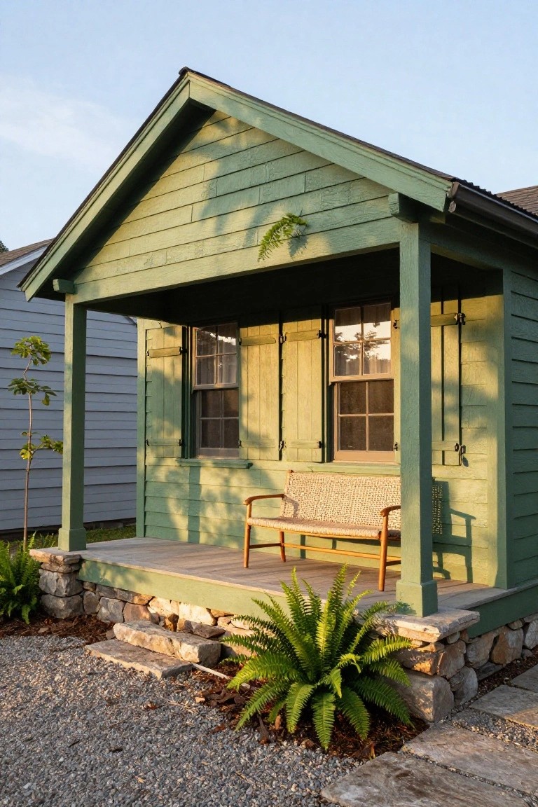 Small green wooden cabin with gabled roof, dark green shutters on two windows, covered porch with wooden bench, stone foundation, gravel yard, and plants nearby.
