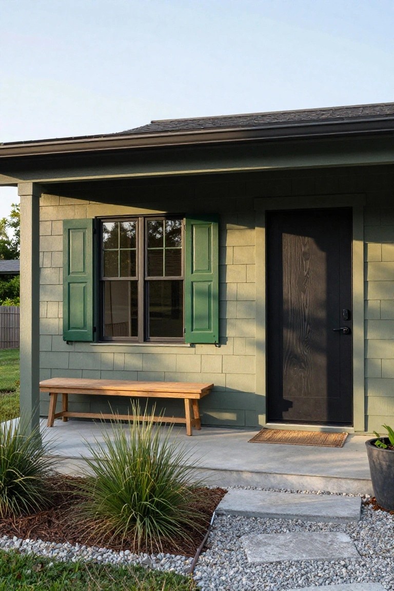 Sage green shingle-style house exterior with green shutters on a double window, dark wood front door, wooden bench on covered porch, potted plant, gravel path, and low shrubs.
