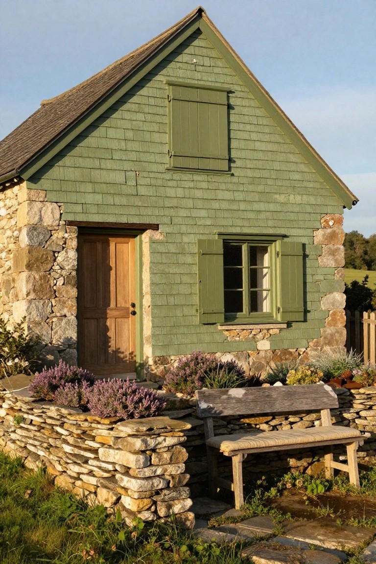 Small green shingled cottage with stone foundation walls, wooden entry door, green shutters on windows, stone perimeter wall with plants and wooden bench in front.