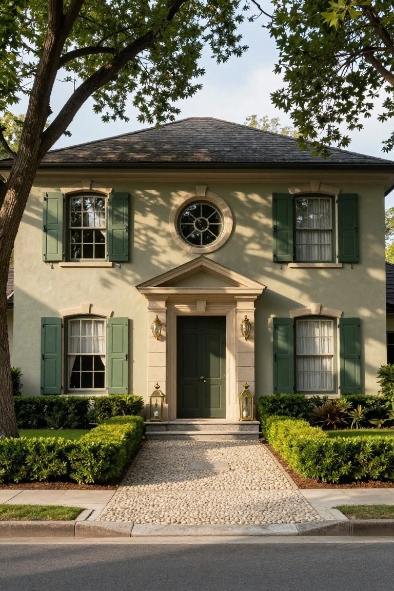 Two-story pale stucco house with dark green shutters on multi-pane windows, a pedimented entry with dark green door and lanterns, boxwood hedges, gravel pathway, and oak trees in front.