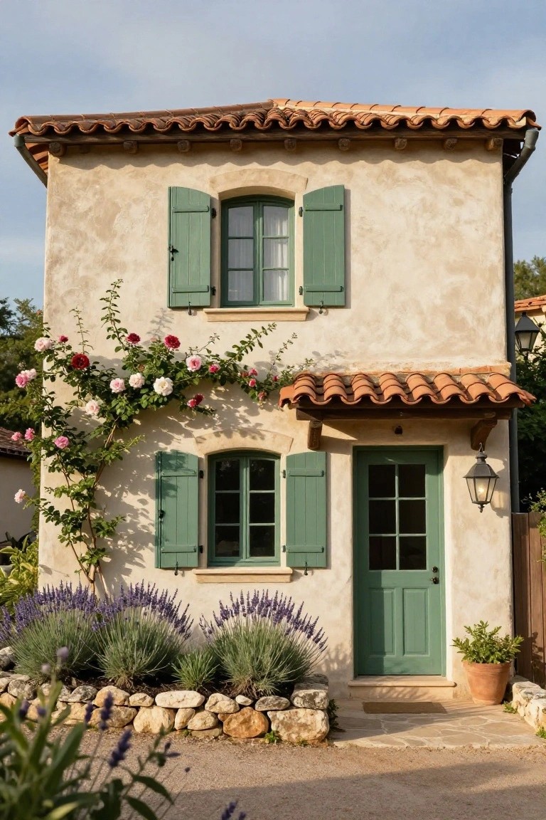 Small two-story stucco house with terracotta tile roof, green shutters on windows, green front door, climbing pink and white roses on facade, lavender plants in stone-edged bed, lantern light by entry.