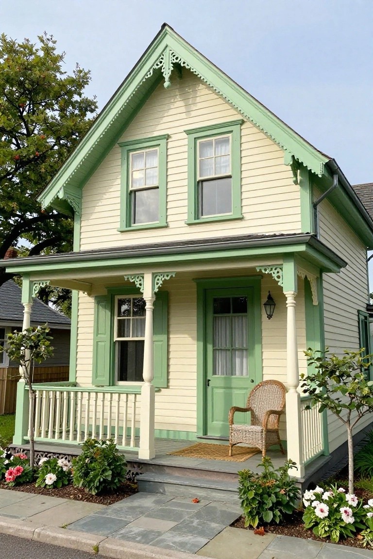 A small two-story house with cream siding, green shutters on the windows, green front door, green-trimmed porch with turned posts and gingerbread details, a wicker chair on the porch, and low plantings along the slate path.