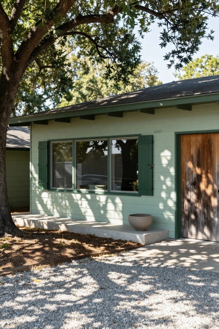 Pale green house exterior featuring dark green shutters on a large triple window, wooden door with green frame, concrete steps with a large terracotta pot, oak tree, and gravel ground.