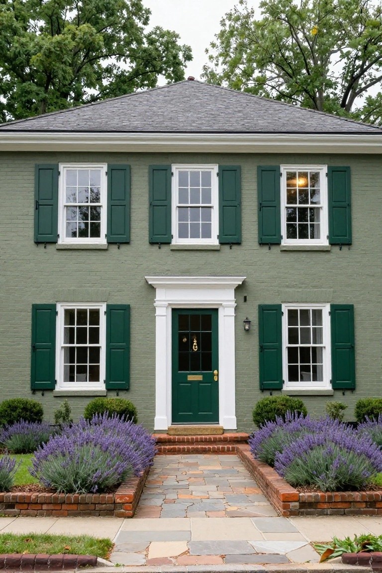 Two-story sage green brick house with green shutters on white-framed windows, white-columned front entry with green door, lavender plants in brick-edged beds, and stone pathway leading to the sidewalk.