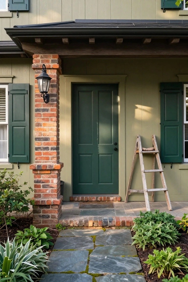 Sage green wood-sided house exterior featuring a dark green front door, matching green shutters on windows, red brick pillar with lantern light, ladder leaning on wall, stone path, and low plants in front.