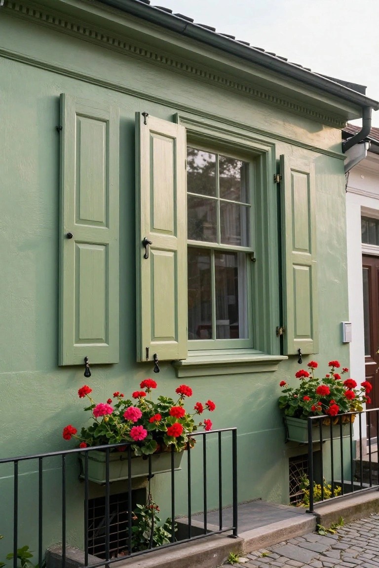 Sage green painted house exterior featuring open light wooden louvered shutters framing a six-over-six multipane window, with red geraniums blooming in two black metal window boxes mounted on iron railings above a basement vent and steps on cobblestone pavement.
