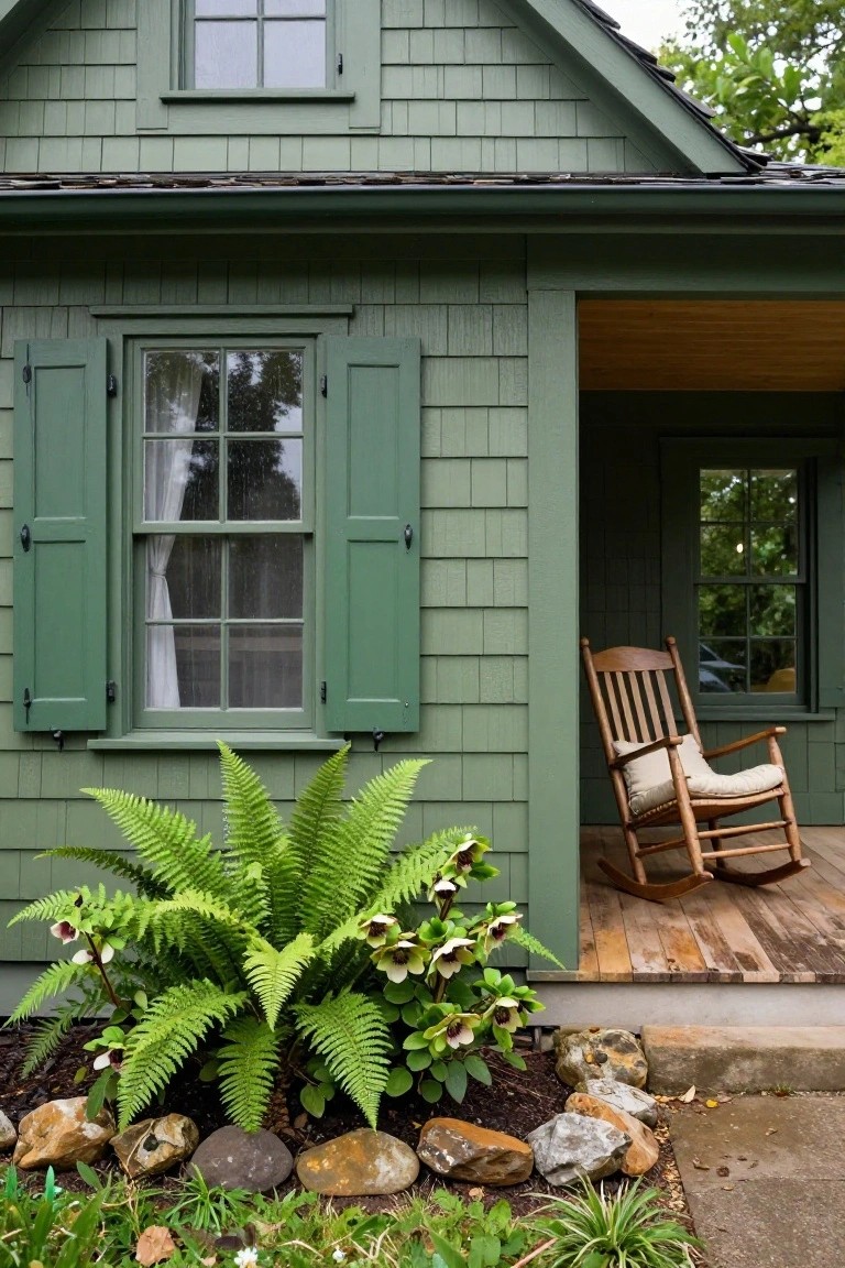 Sage green shingled house exterior with matching green shutters on windows, wooden rocking chair on the porch, ferns and rocks in the front bed.