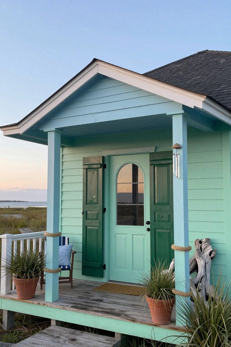 Small mint green wooden house with dark green shutters and arched door on a raised porch supported by pilings, featuring potted plants, Adirondack chair, rope details, and driftwood, overlooking marshland at sunset.