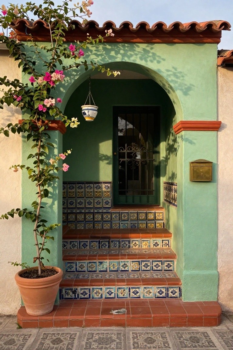 Mint green stucco house exterior featuring an arched entry with dark green door behind wrought iron gate, steps and risers clad in colorful blue yellow and white geometric tiles, climbing pink bougainvillea vine, hanging white lantern, brass mailbox, terracotta roof edges, and potted plant at base.