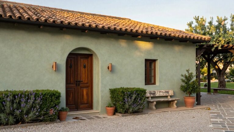 Mint-green stucco house exterior with curved terracotta tile roof, dark wood arched double front door with brass knocker, flanked by copper wall lanterns, small windows, lavender plants, stone bench, terracotta pots, and gravel pathway leading to entry steps.