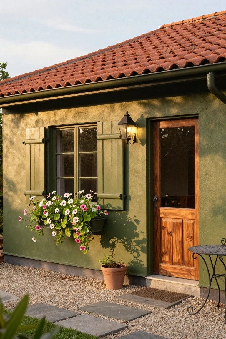 Small green stucco house with terracotta tile roof, window with open green shutters and flower box overflowing with pink and white flowers, wooden entry door with glass panel and brass lantern light, small metal table, potted plant, stone steps, gravel path, and grass edging.