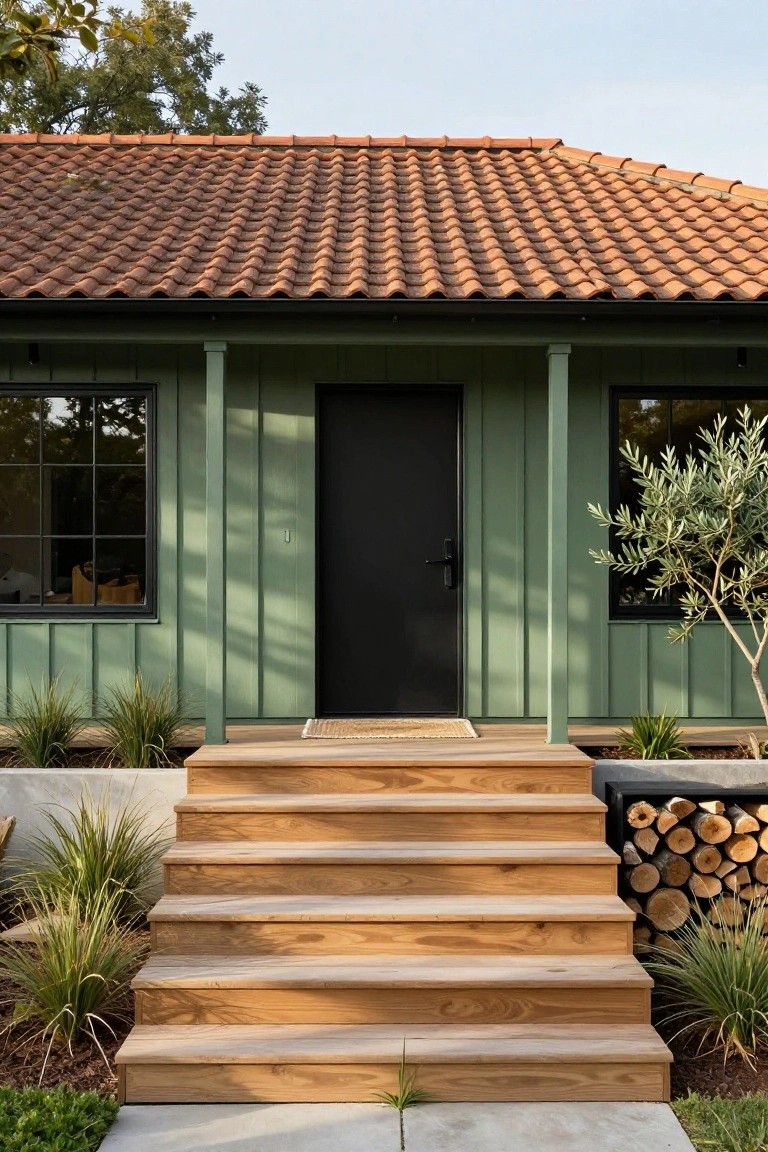 Front view of a sage green vertical board-and-batten house with red terracotta tile roof, black front door flanked by black-framed windows, teak wood steps leading to a porch, and landscaping with grasses, olive tree, and firewood stack.