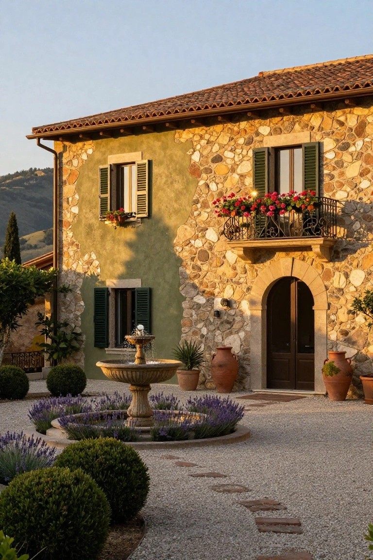 Two-story house exterior with green stucco walls, stone accents, wooden shutters, terracotta tile roof, balcony with red flower boxes, arched wooden entry door, gravel courtyard with central stone fountain and lavender plantings.