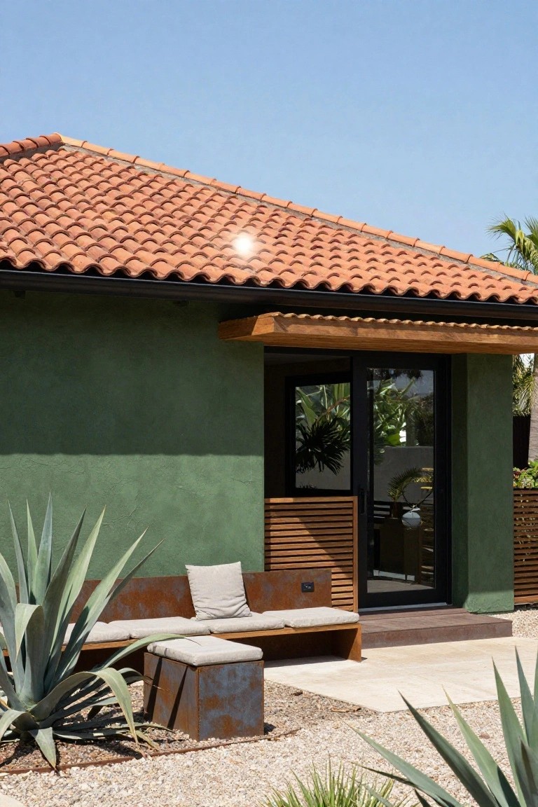 Green stucco house exterior with terracotta tile roof, wooden pergola over black-framed glass entry door, rust metal bench with cushions, agave plants, and gravel ground under clear blue sky.