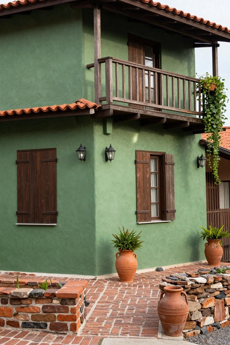 Two-story green stucco house with terracotta tile roof, wooden balcony railing and shutters, wall lanterns, potted plants, and brick path beside stone wall.