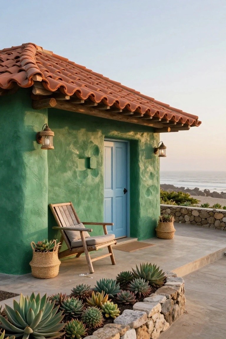 Small green stucco house with red terracotta tile roof, blue front door flanked by lanterns, wooden armchair on porch with potted plants, agave succulents in stone-edged bed, and ocean view.