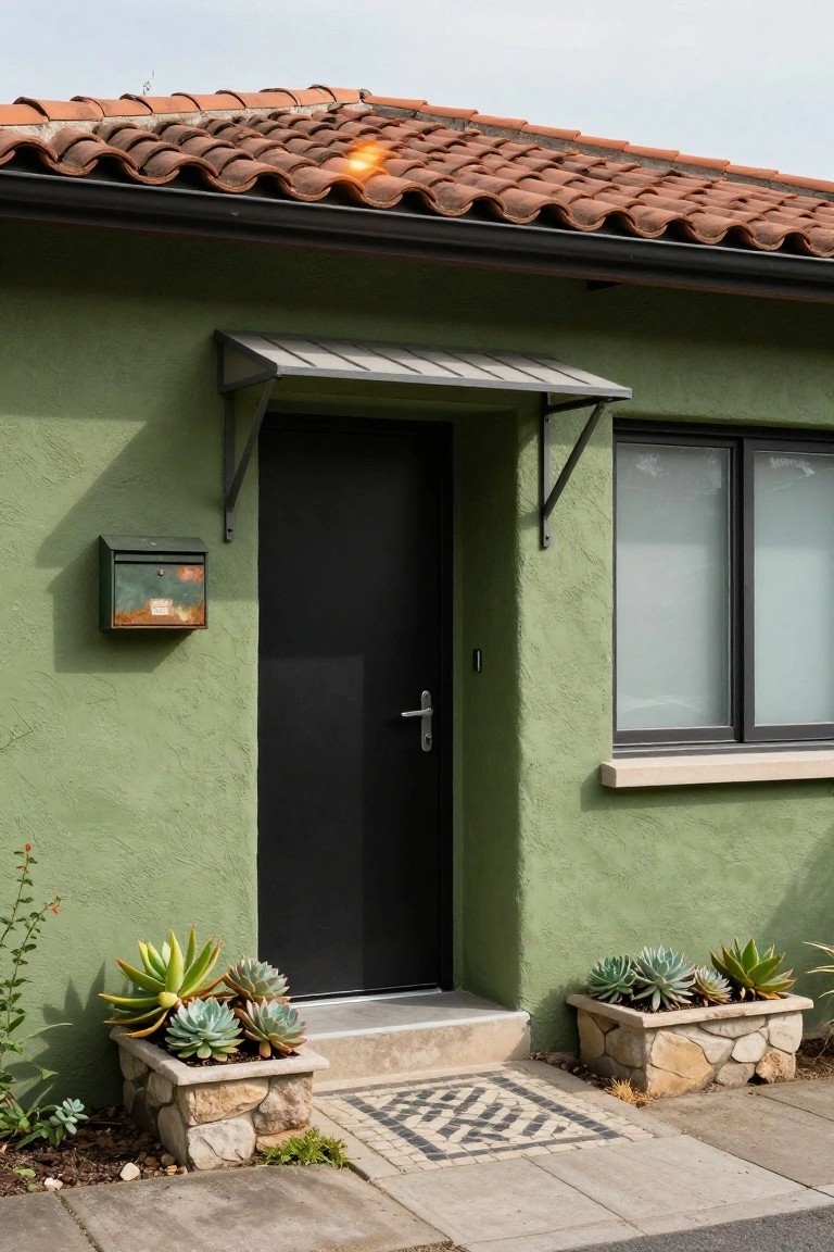 Green stucco house exterior with curved terracotta tile roof, black front door under metal awning, frosted double window, green mailbox, and stone planters with agave succulents flanking a mosaic tile entry step on concrete sidewalk.