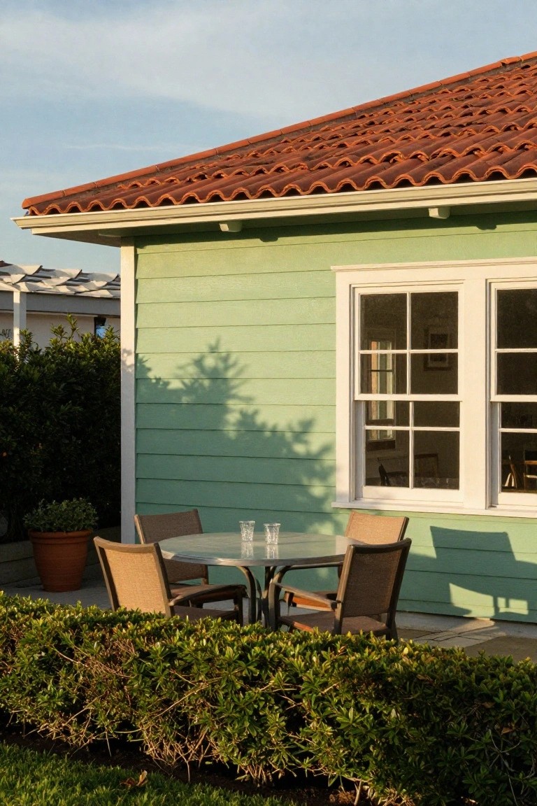Pale green clapboard house exterior with terracotta tile roof, a double-hung window, glass table with wicker chairs, potted plant, and surrounding hedges on a patio.