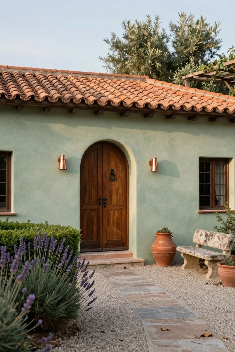 Mint-green stucco house exterior with curved terracotta tile roof, dark wood arched double front door with brass knocker, flanked by copper wall lanterns, small windows, lavender plants, stone bench, terracotta pots, and gravel pathway leading to entry steps.