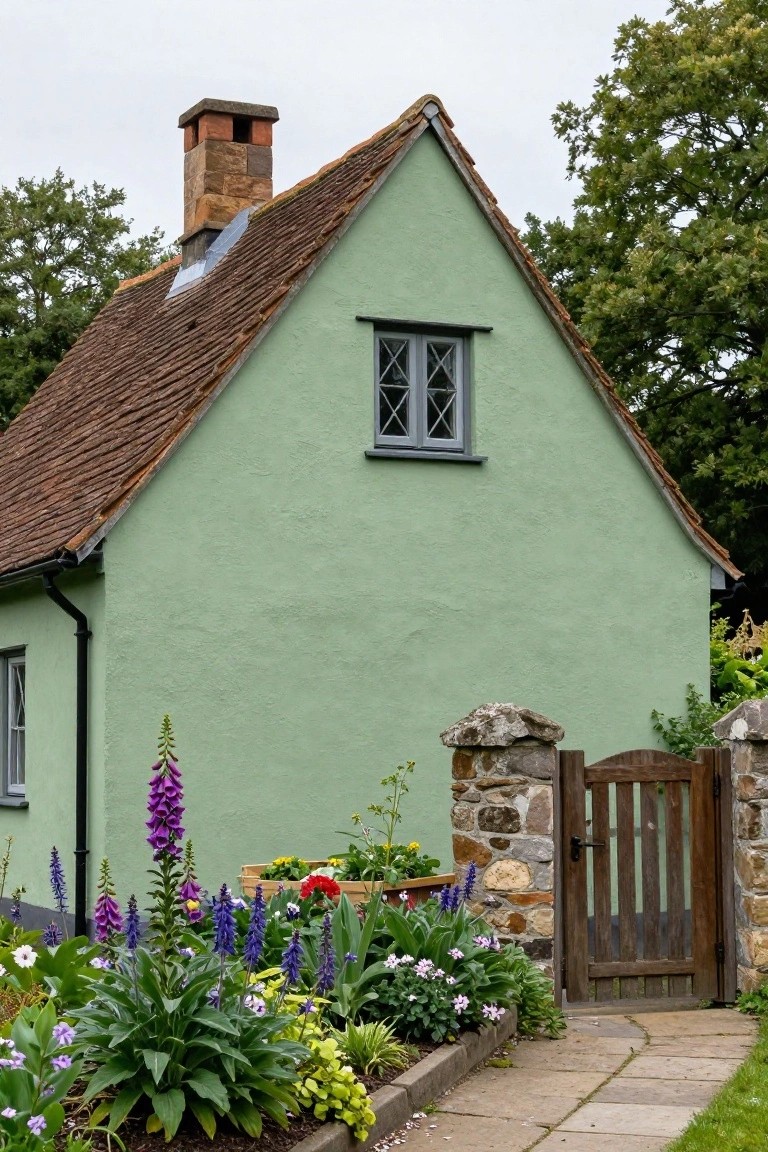 Pale green gabled cottage with terracotta tiled roof, small leaded window, black drainpipe, stone gate posts, wooden gate, and flower bed with purple foxgloves and other plants along a stone path.