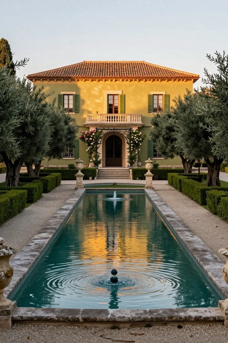 Two-story pale yellow-green stucco house with terracotta tile roof, arched entryway with roses, balcony, flanked by olive trees and boxwood hedges, long rectangular reflecting pool with fountain in foreground.