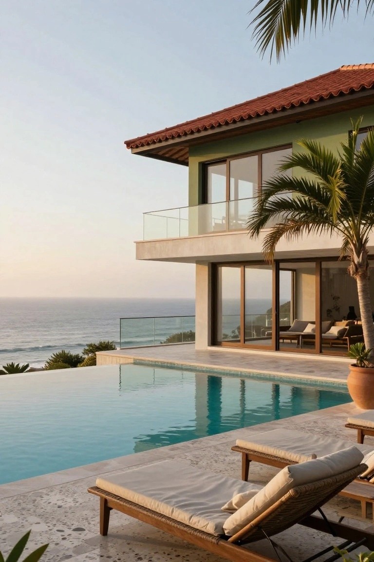 Green house with terracotta roof, beige accents, large glass walls, infinity-edge pool, lounge chairs, palm trees, and ocean view.