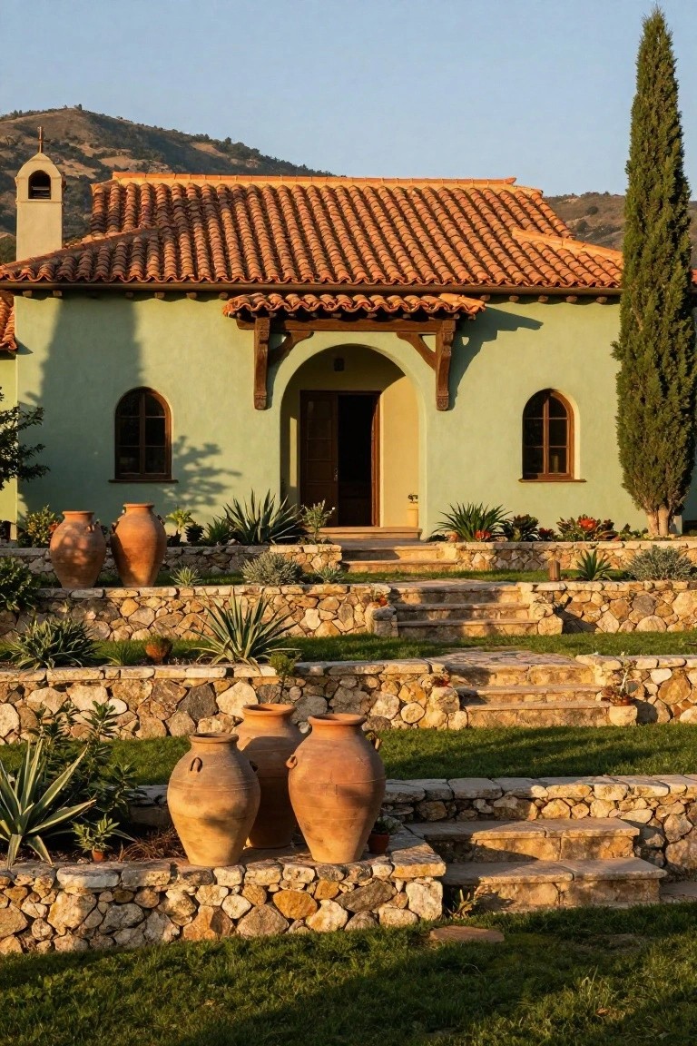 Mint-green stucco house with terracotta tile roof, arched wooden entry door, stone retaining walls and steps, large terracotta urns, agave plants, and tall cypress tree beside the facade against a hillside background.