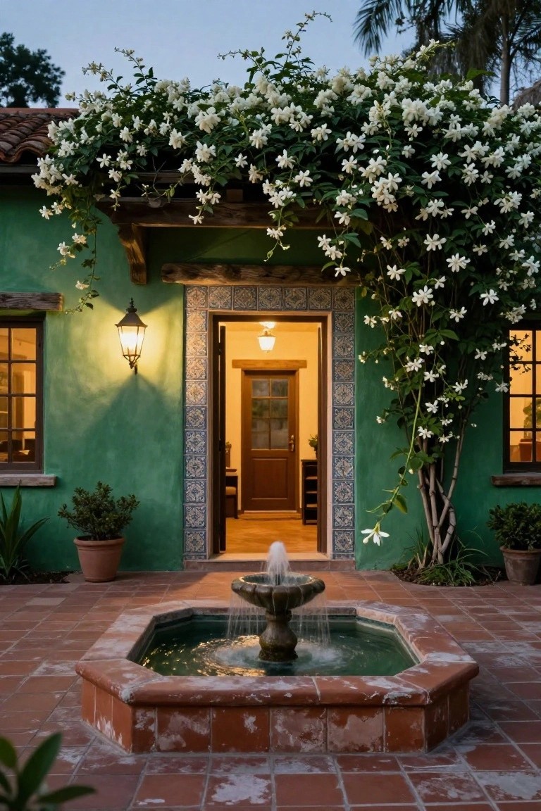 Green stucco house exterior with terracotta tile roof, white flowering vines draping over the wooden-beamed entryway with blue tiled borders, lit lantern beside the open door, terracotta fountain on tiled patio, and potted plants nearby.