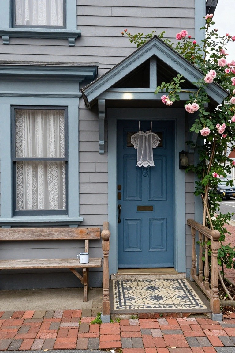 Grey clapboard house exterior featuring a blue front door with white lace lingerie hanging on it, climbing pink roses on the porch structure, lace-curtained windows, wooden bench with enamel mug, lantern light, and brick walkway.
