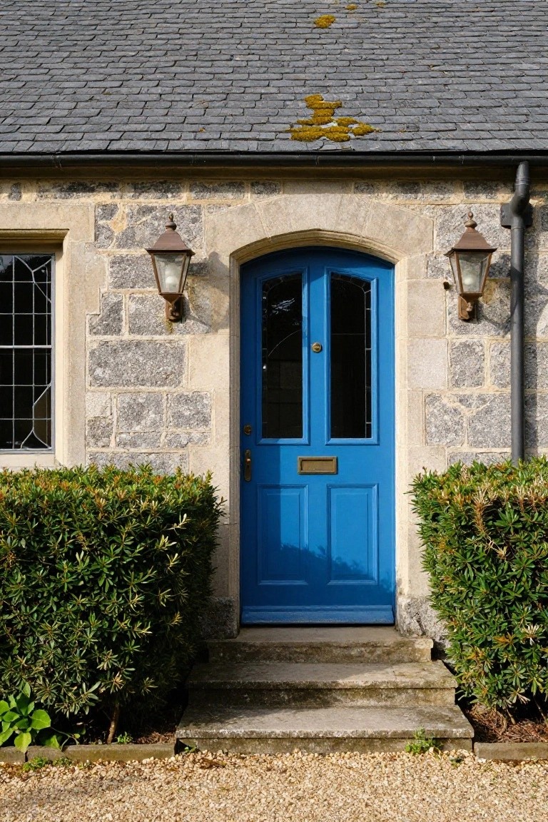 Stone cottage facade featuring an arched blue front door with brass knocker, flanked by lanterns and boxwood shrubs, with gravel path in front.